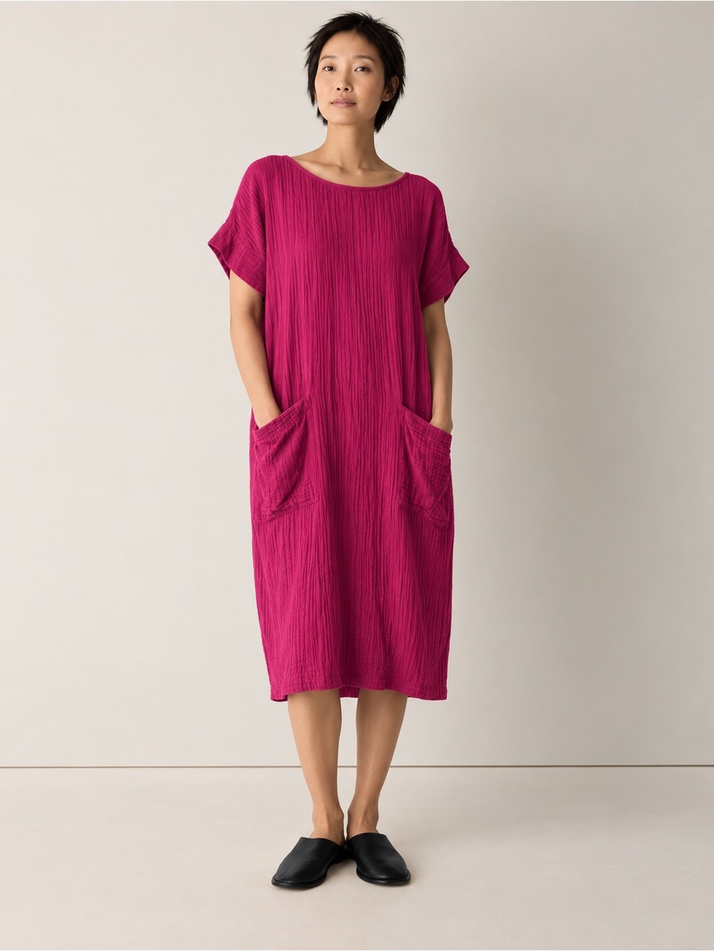 Eileen Fisher Organic Cotton Bateau Neck Dress Magenta Pink XL Pockets